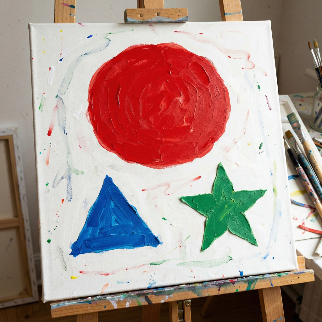 A large red circle, a small blue triangle, and a medium gree