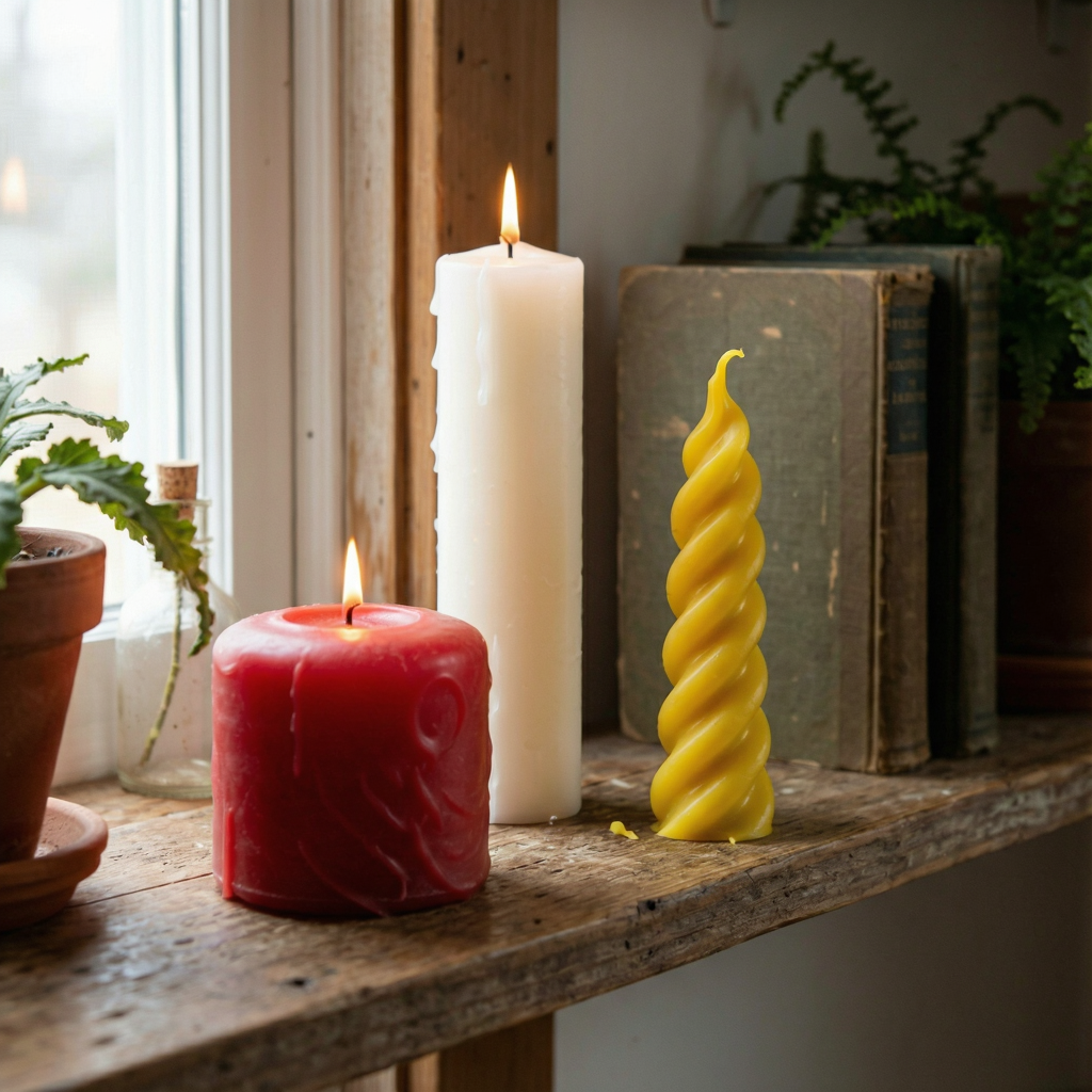 A tall thin white candle, a short fat red candle, and a medi