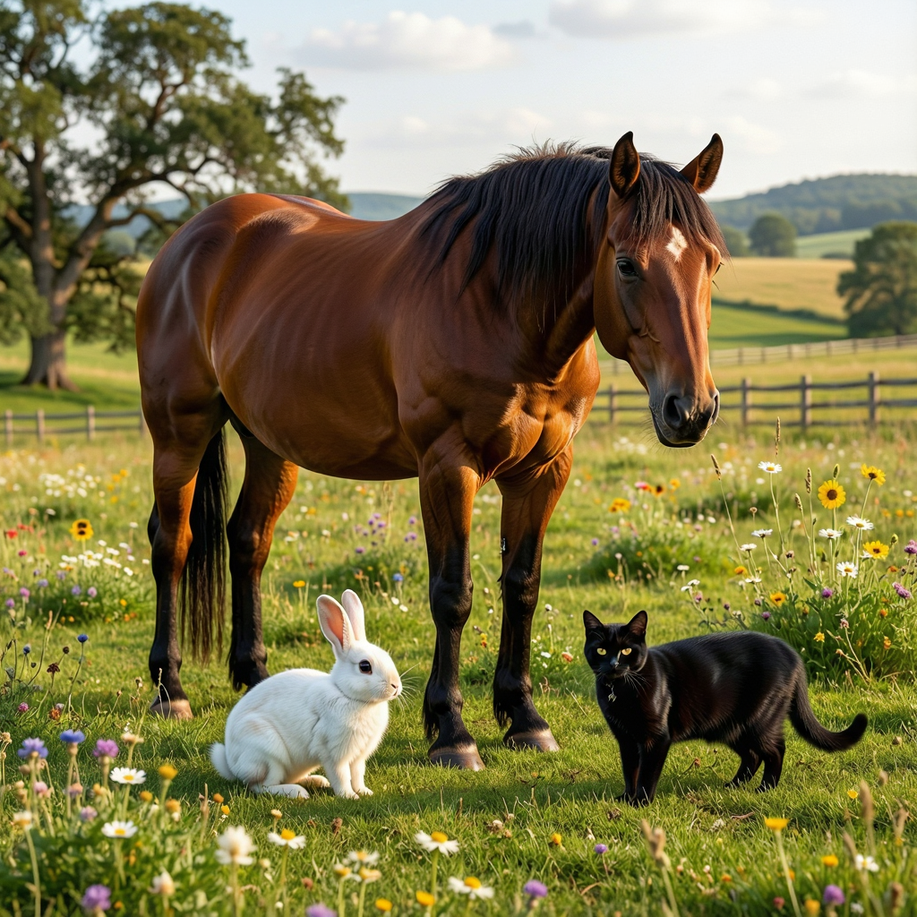 A big brown horse, a small white rabbit, and a medium-sized 