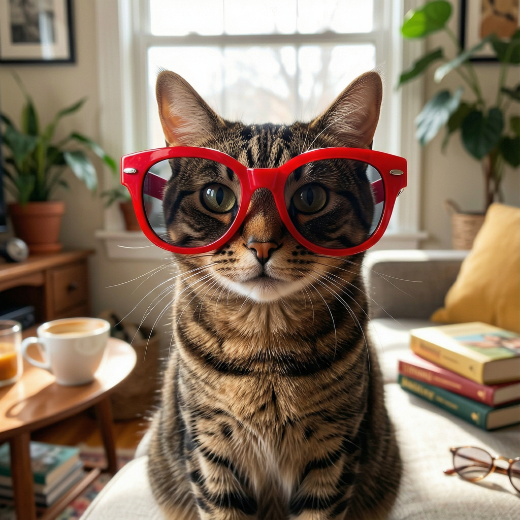 A tabby cat wearing oversized red sunglasses
