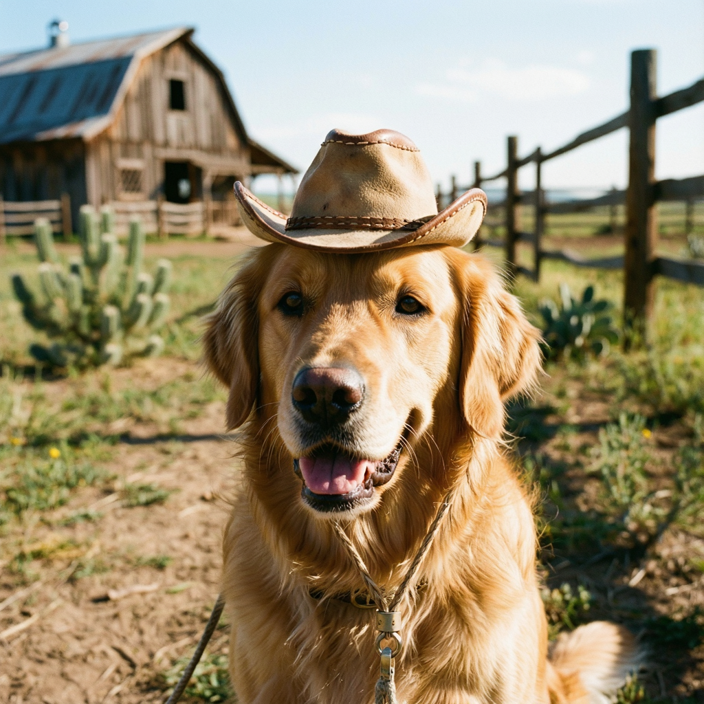 A golden retriever wearing a tiny cowboy hat