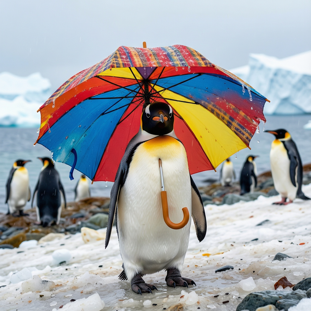 A penguin holding a colorful umbrella