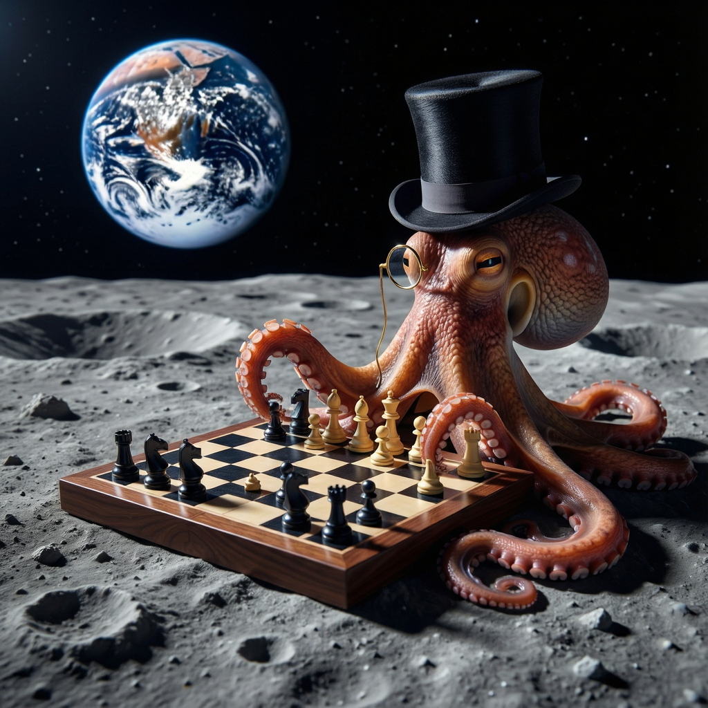 An octopus wearing a top hat and monocle playing chess on th