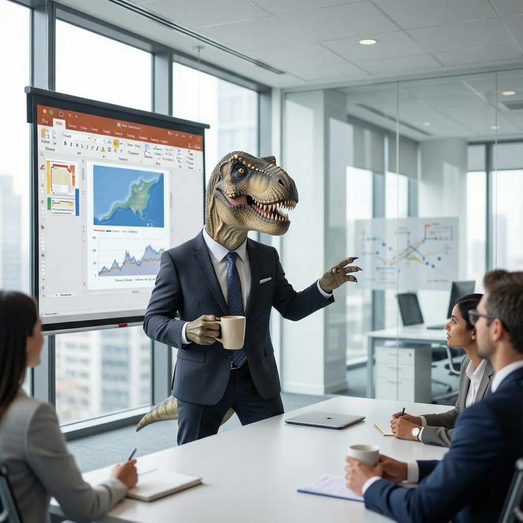 A dinosaur in a business suit giving a PowerPoint presentati