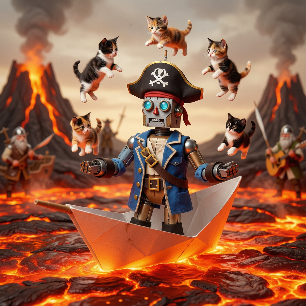 A robot dressed as a pirate sailing a paper boat on a lake o
