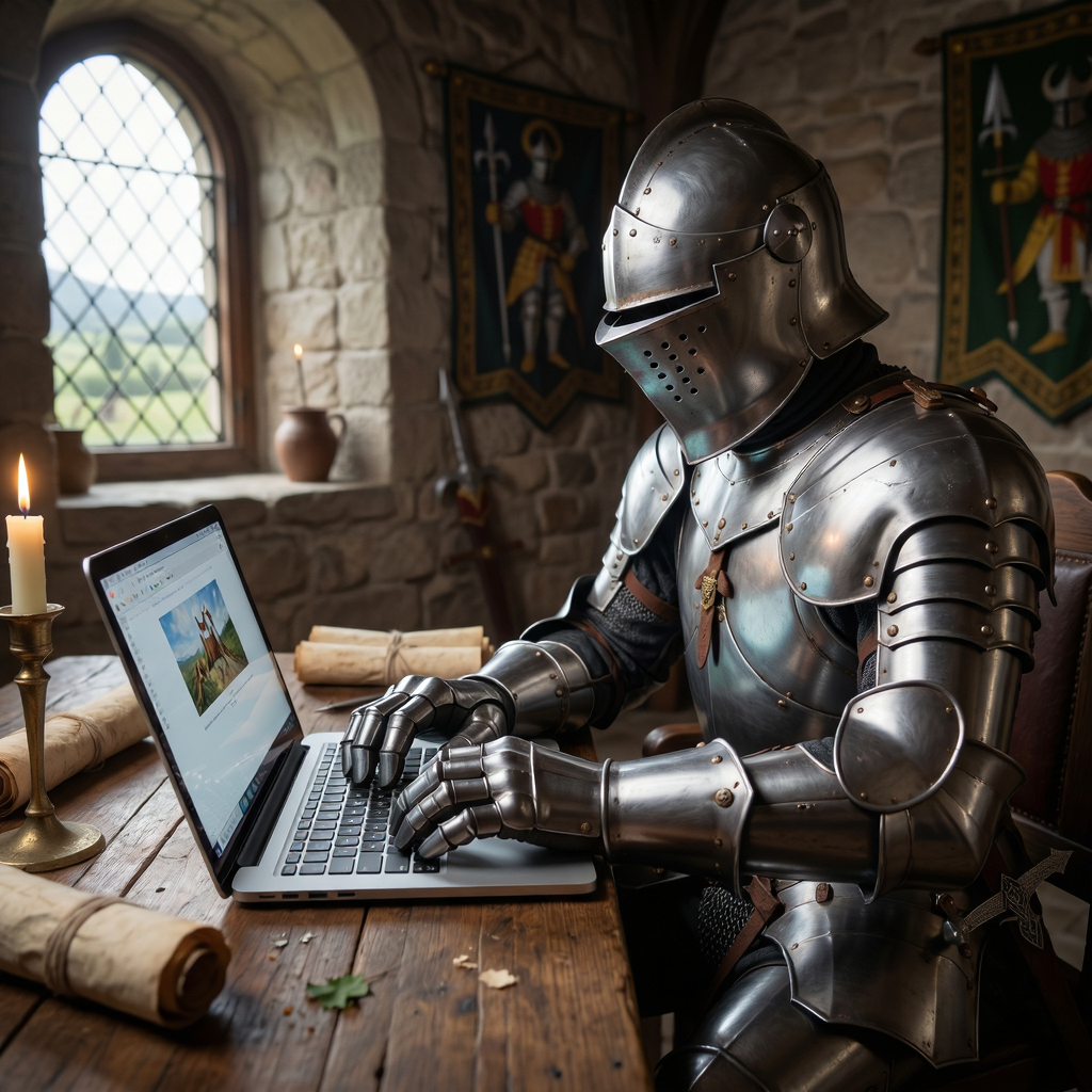 A medieval knight in full armor sitting at a desk typing on 