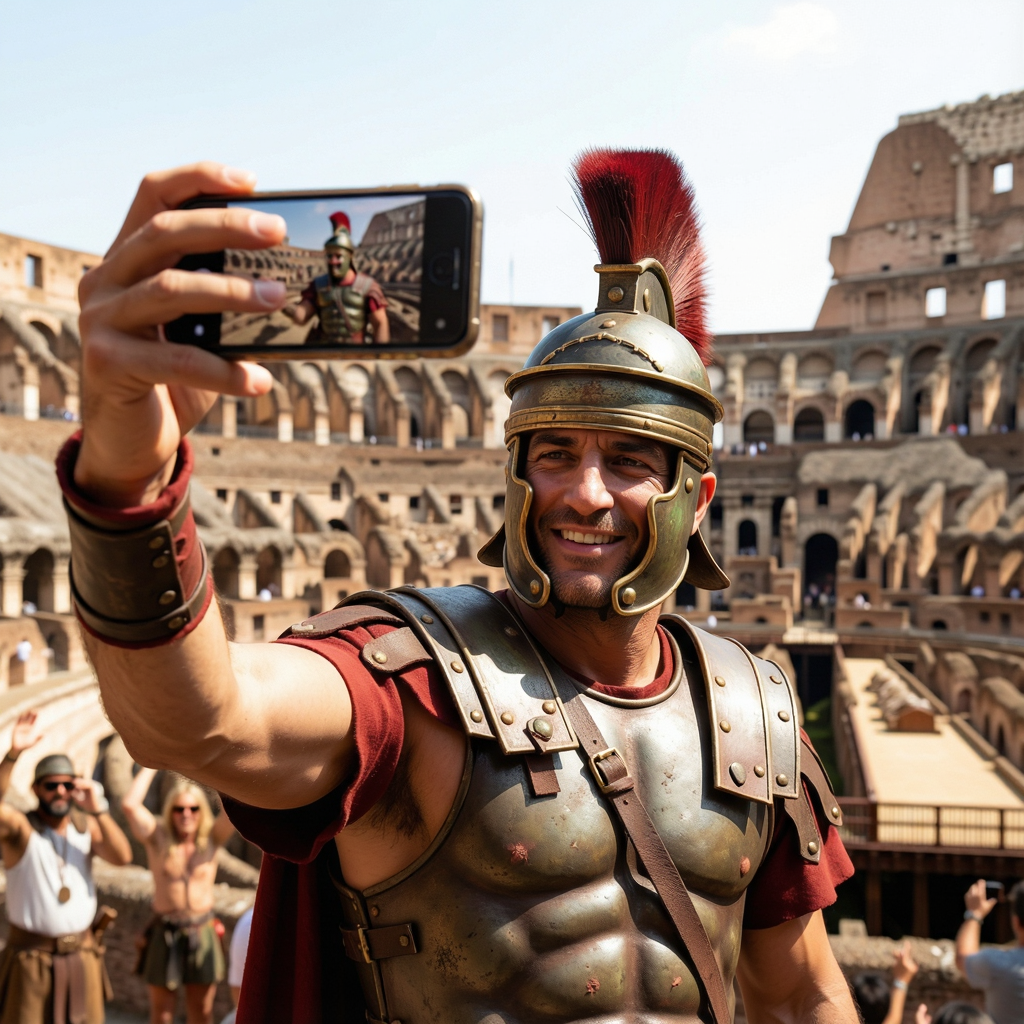 A Roman gladiator taking a selfie with a smartphone in the C