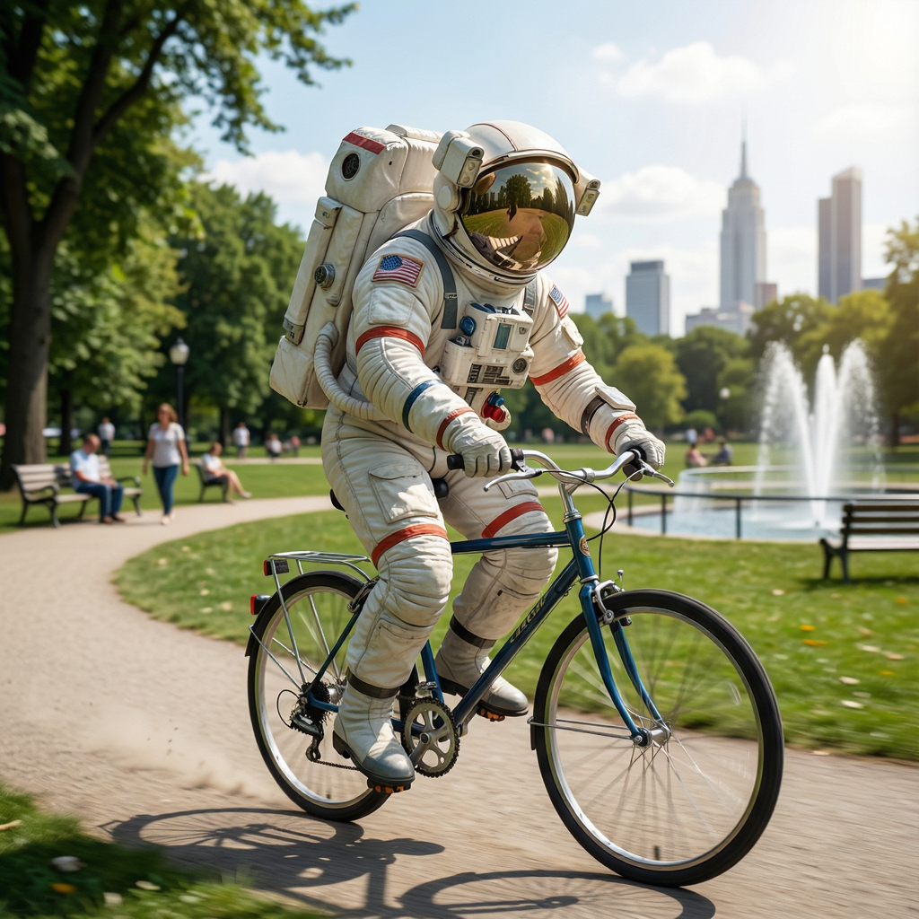 An astronaut in a spacesuit riding a bicycle through a park