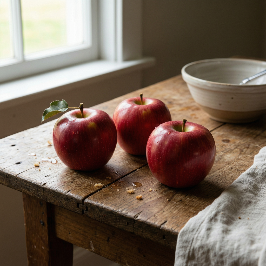 Exactly 3 red apples arranged on a wooden table