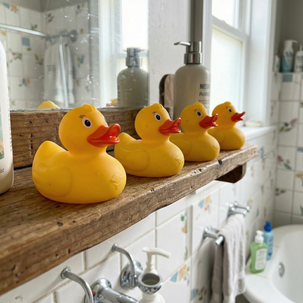 Exactly 5 yellow rubber ducks sitting in a row on a bathroom