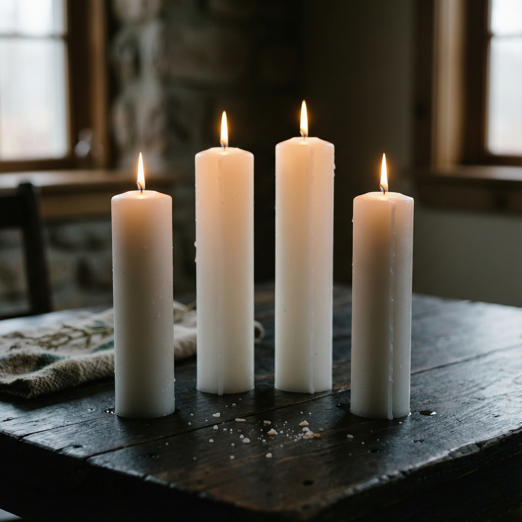 Exactly 4 white candles standing on a dark surface