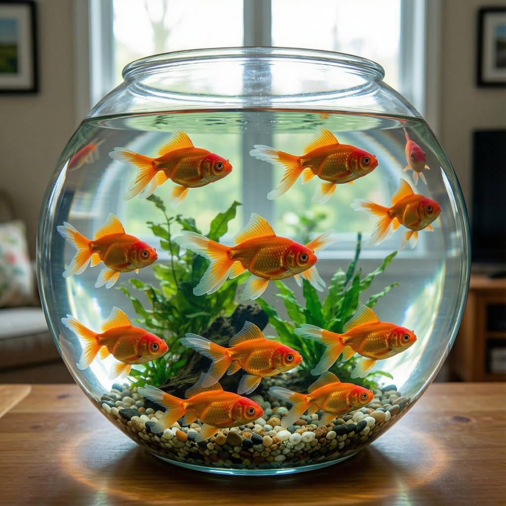 Exactly 9 goldfish swimming in a large round fishbowl