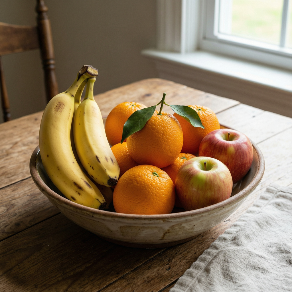 A fruit bowl containing exactly 3 bananas, 4 oranges, and 2 