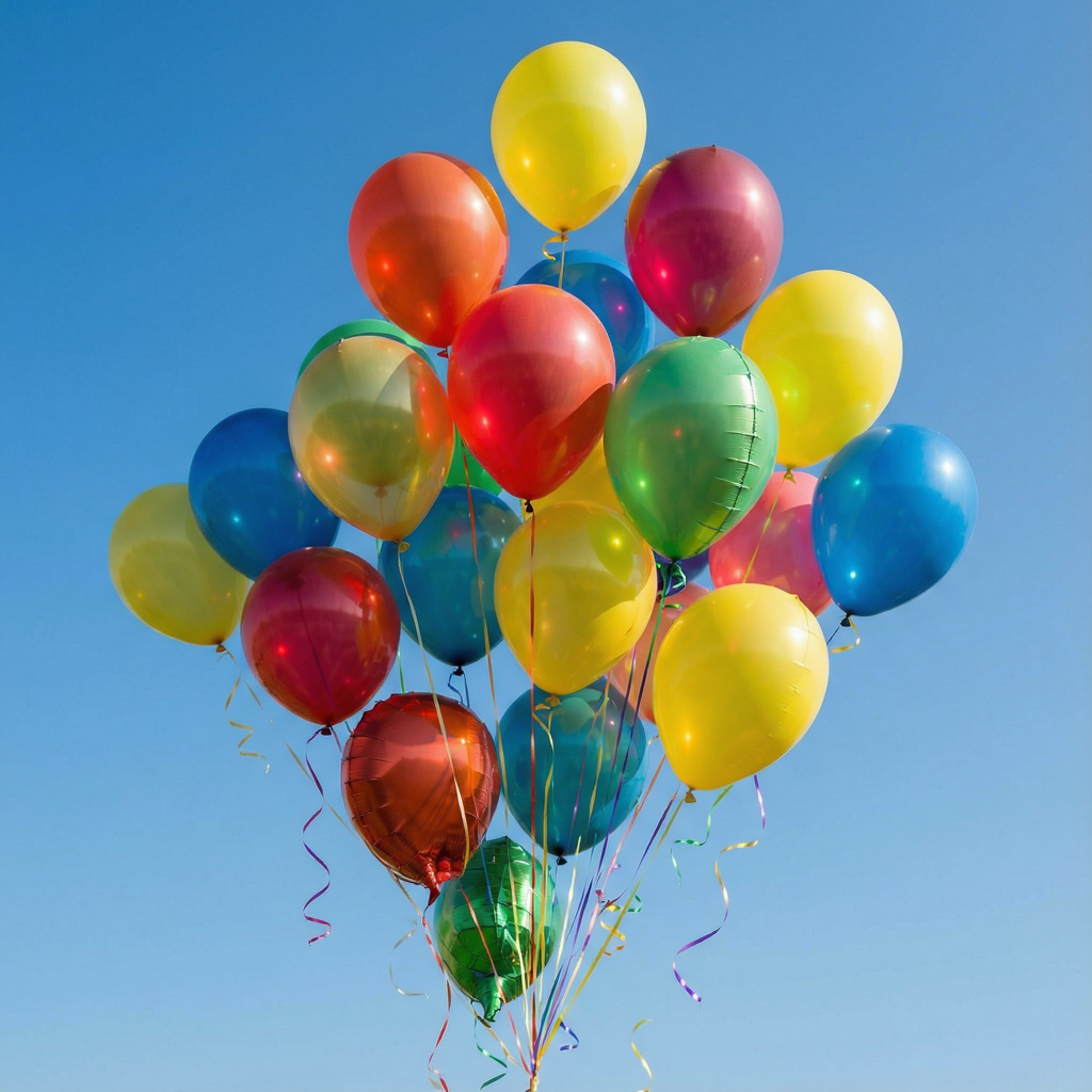 Exactly 11 colorful balloons floating against a clear blue s