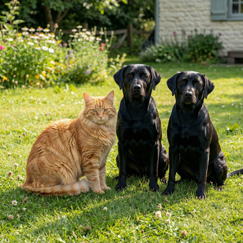 2 orange cats and 3 black dogs sitting together on a grassy 