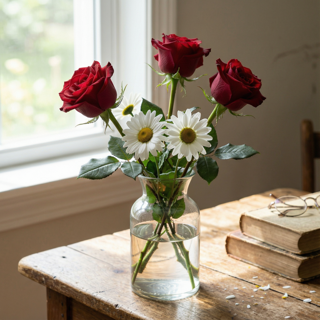 4 red roses and 2 white daisies in a glass vase on a table