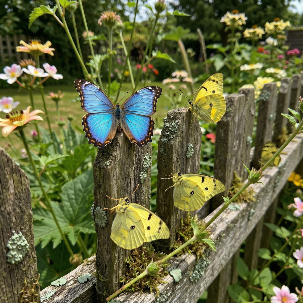 1 blue butterfly and 3 yellow butterflies resting on a garde