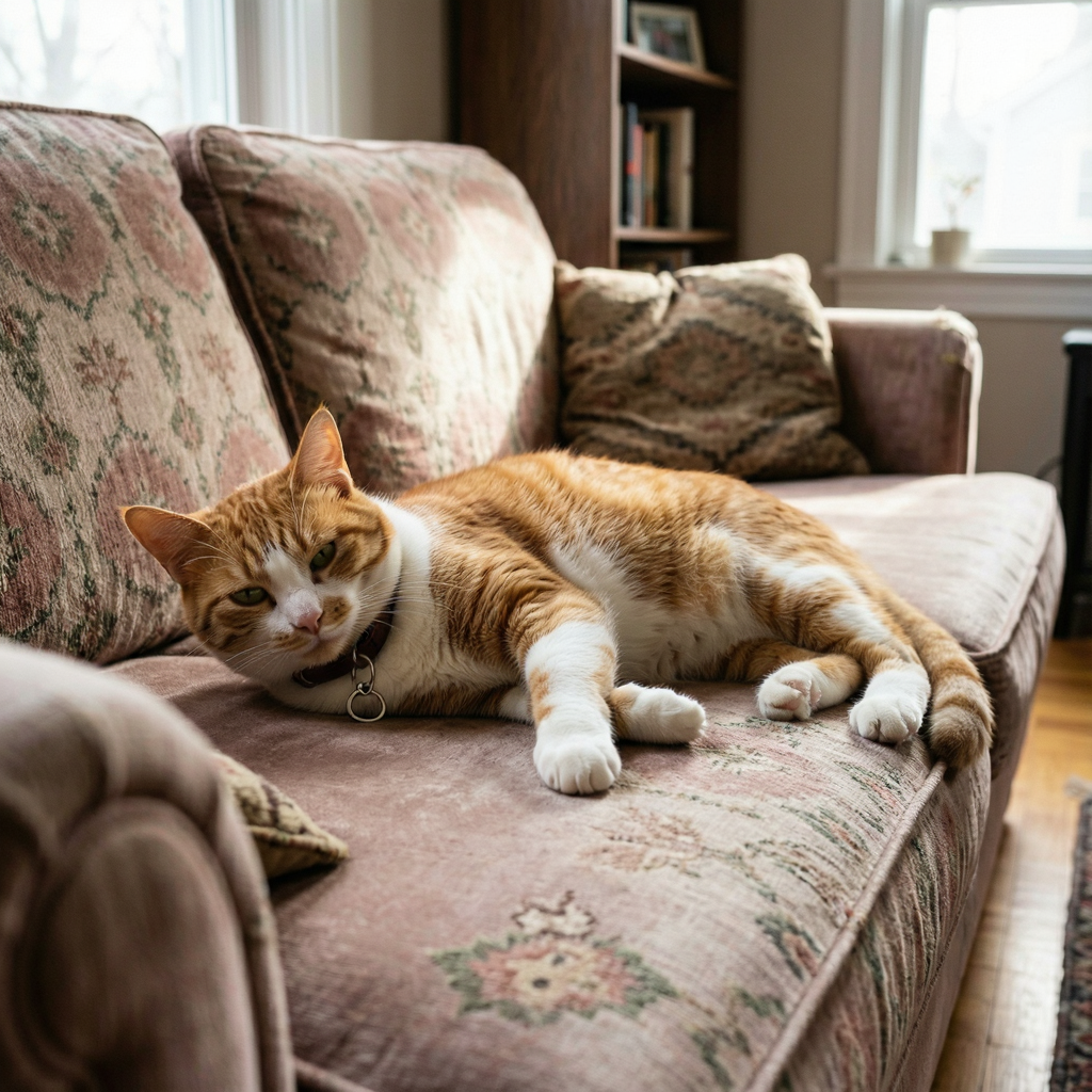 A cat lying on a couch without a collar