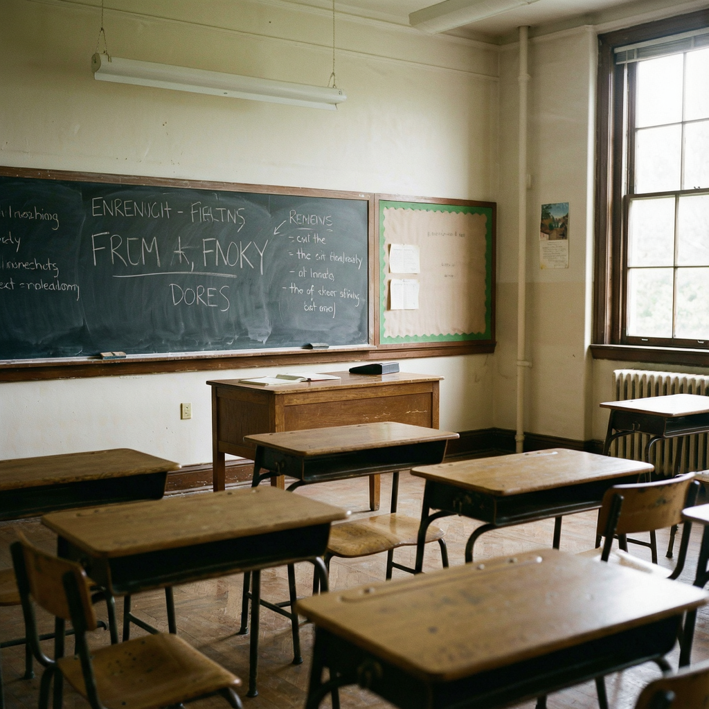 A classroom with desks and a chalkboard but no students