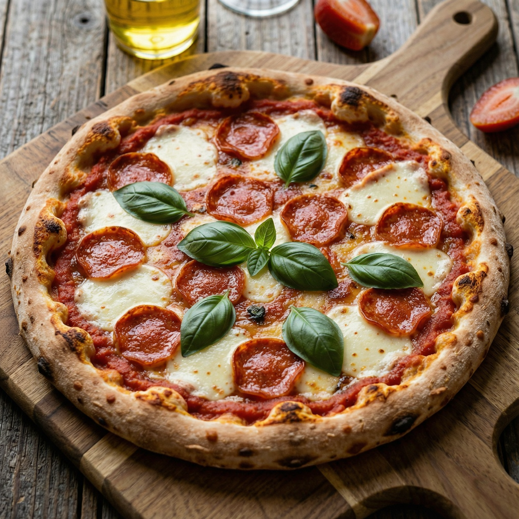 A pepperoni pizza with tomato sauce, basil, and crust but ab