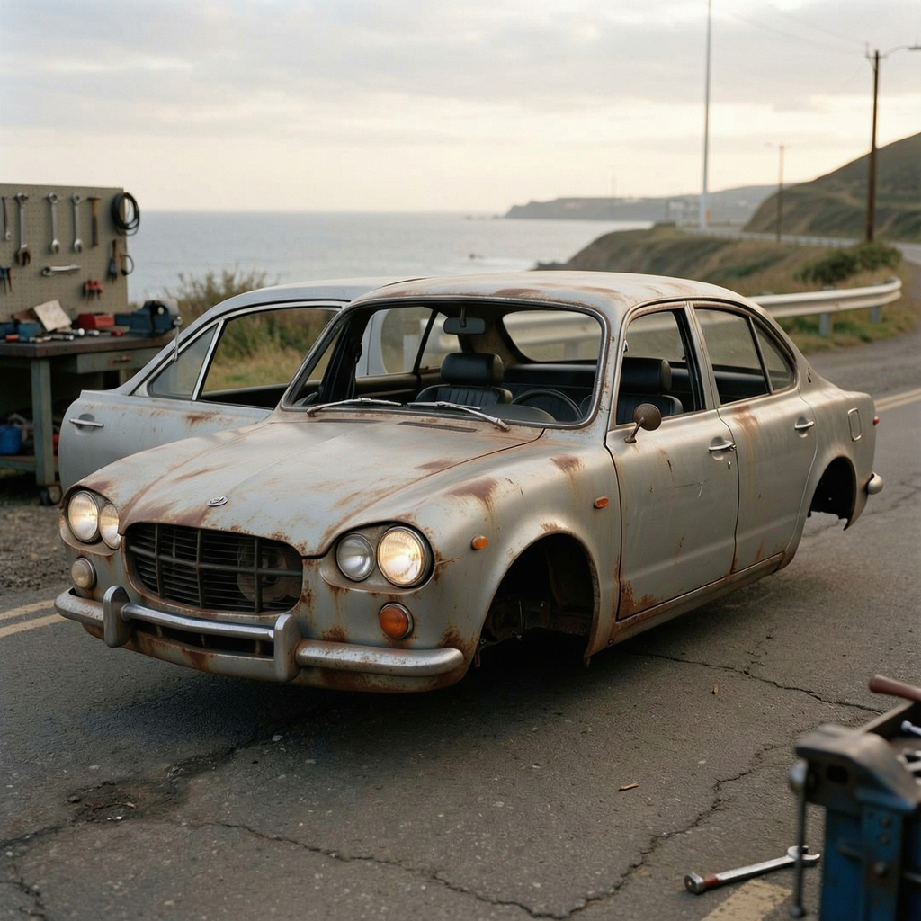 A car body with windows, doors, and headlights but no wheels