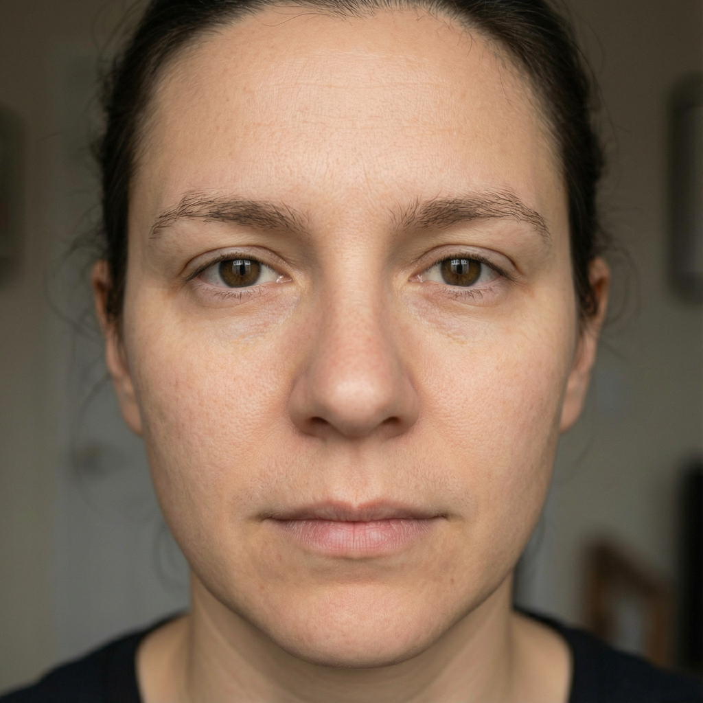 A human face with eyes, nose, and mouth but no eyebrows