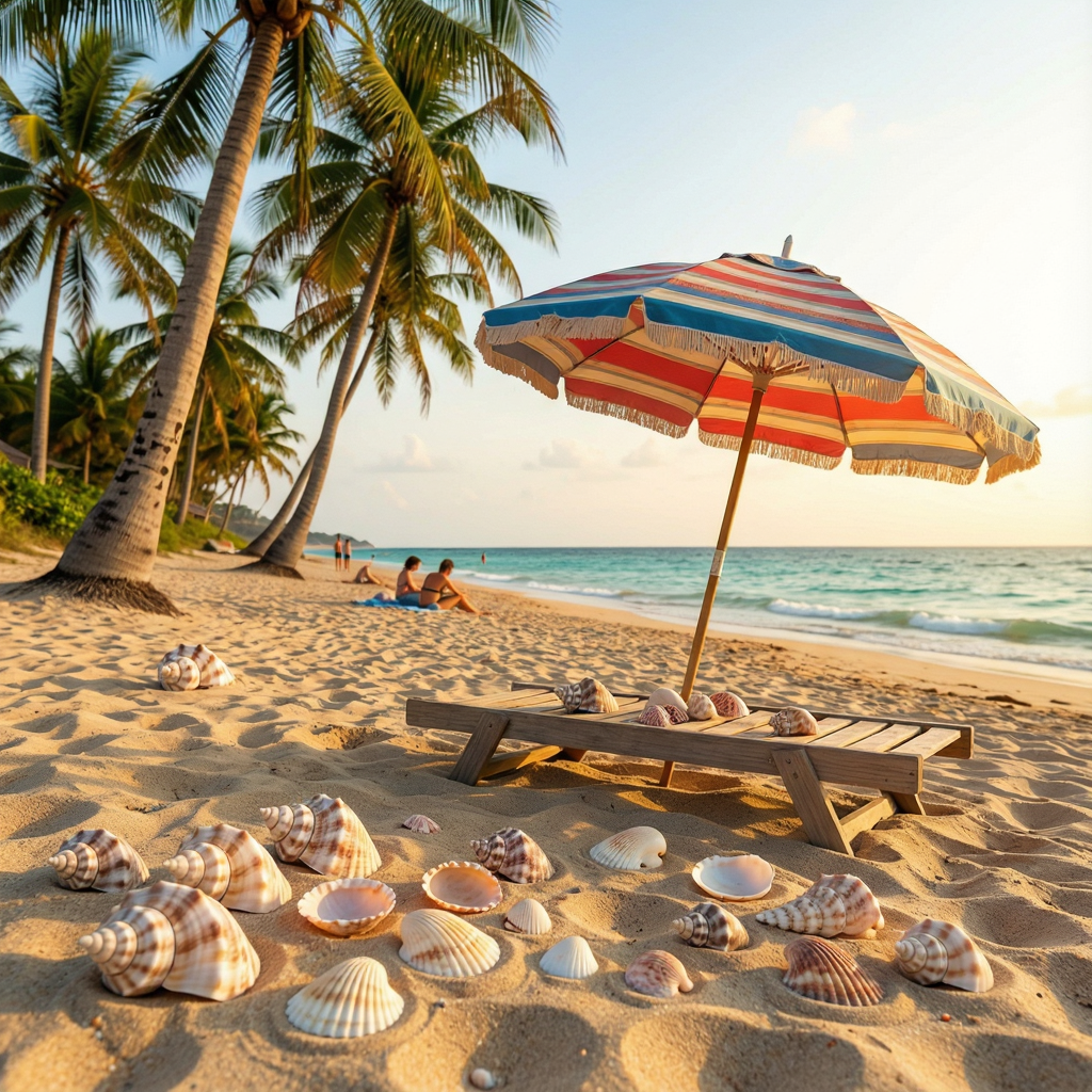 A sandy beach with palm trees, seashells, and a beach umbrel