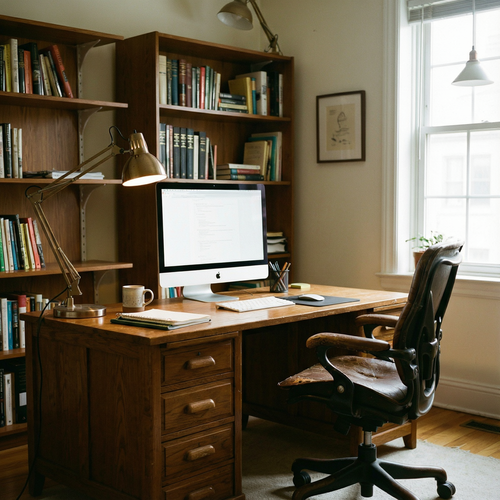 An office workspace with a desk, chair, bookshelf, and lamp 