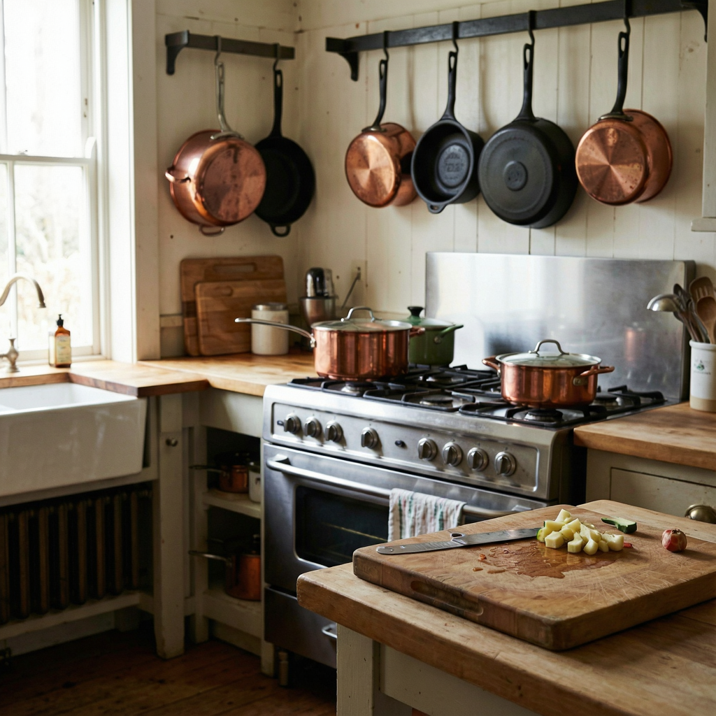A kitchen with pots, pans, a stove, and a cutting board but 