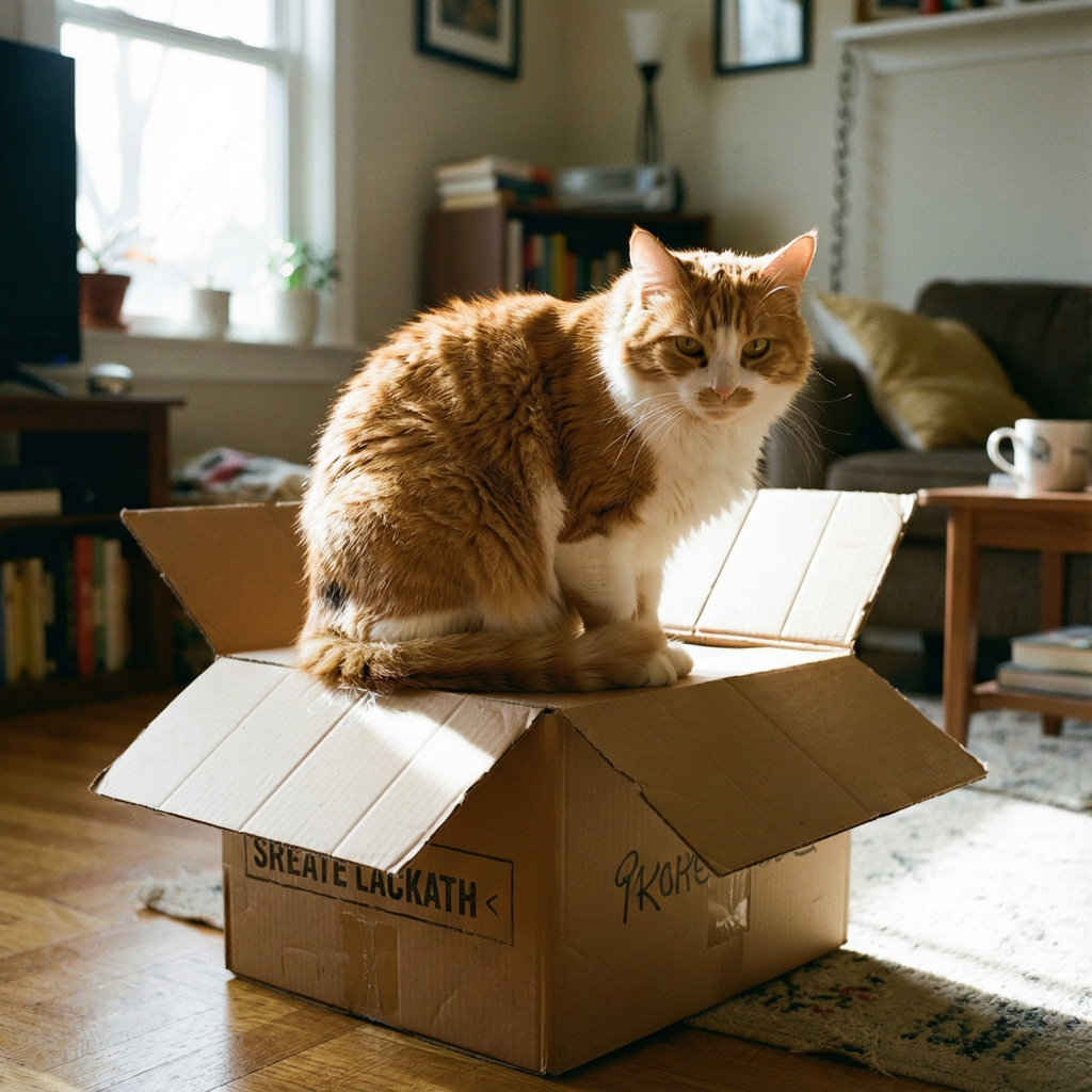 A cat sitting on top of a cardboard box
