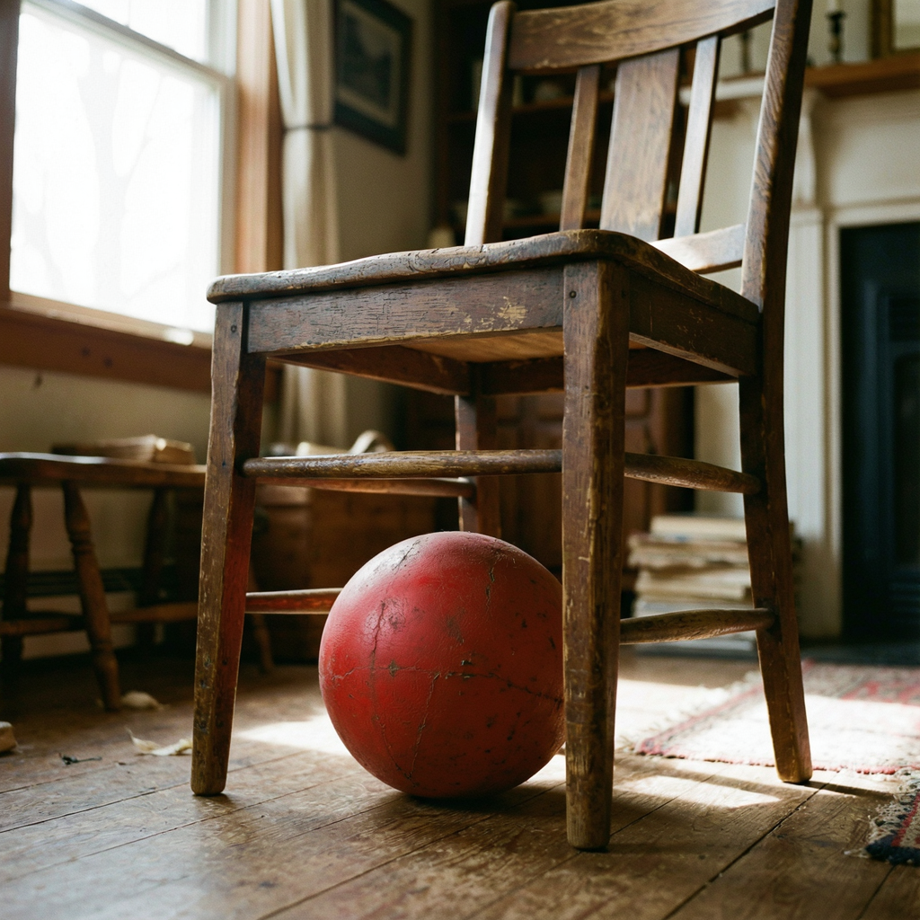 A red ball underneath a wooden chair