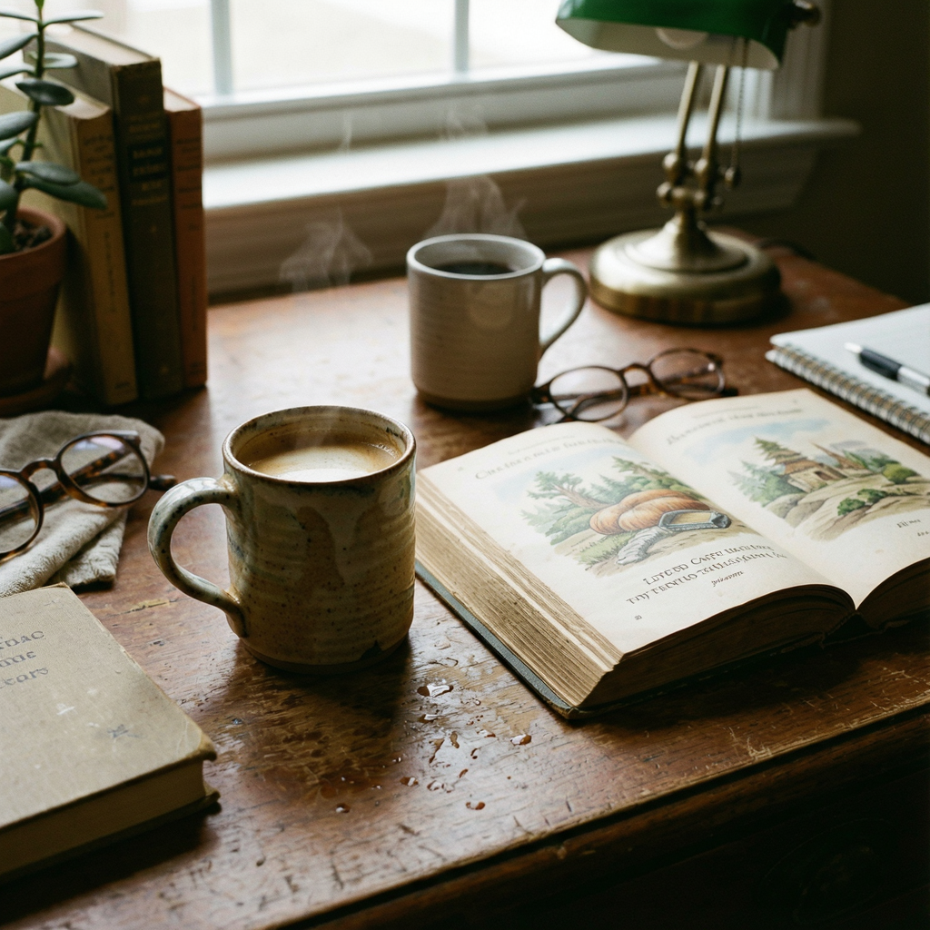A coffee mug next to an open book on a desk