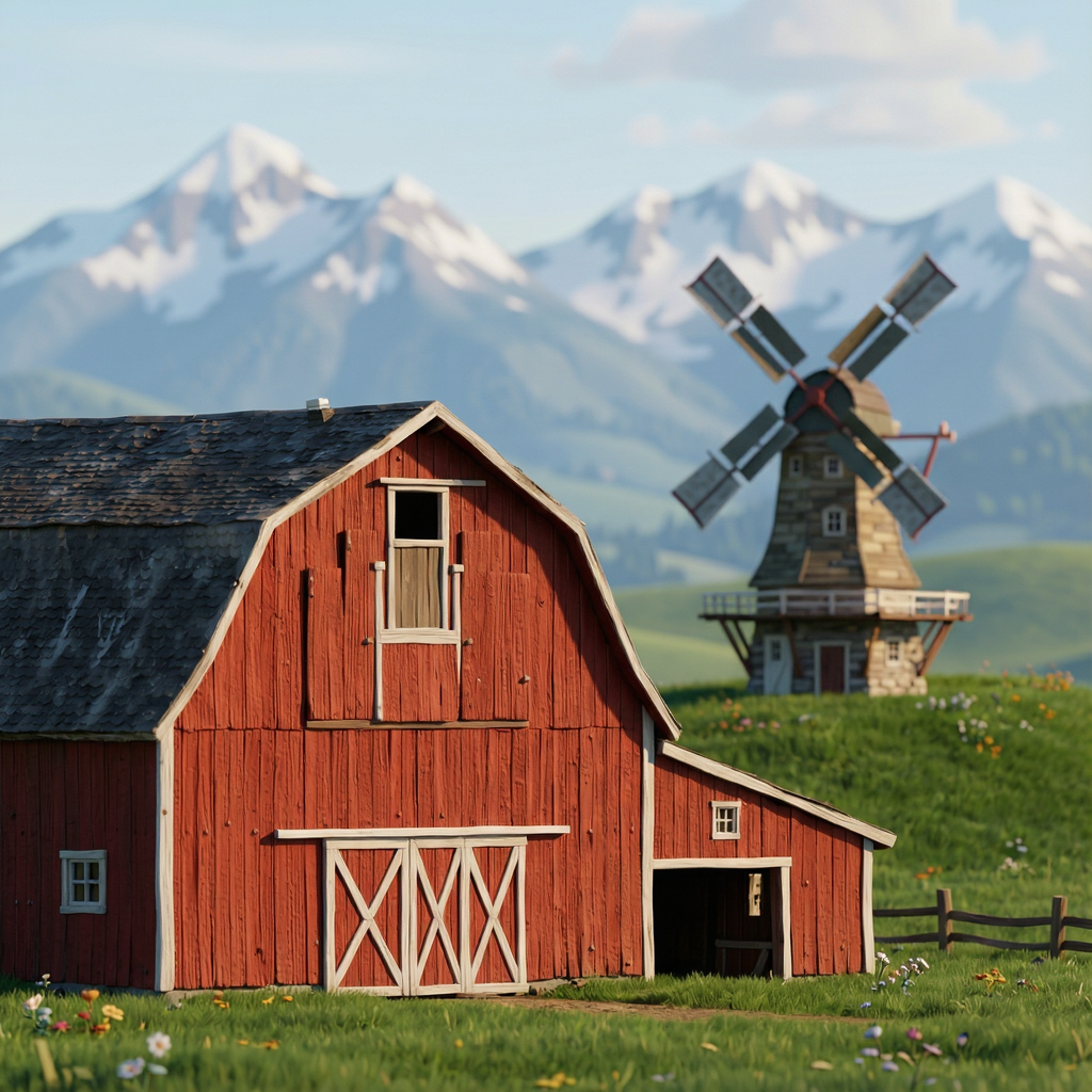 A landscape with a red barn in the foreground at large scale