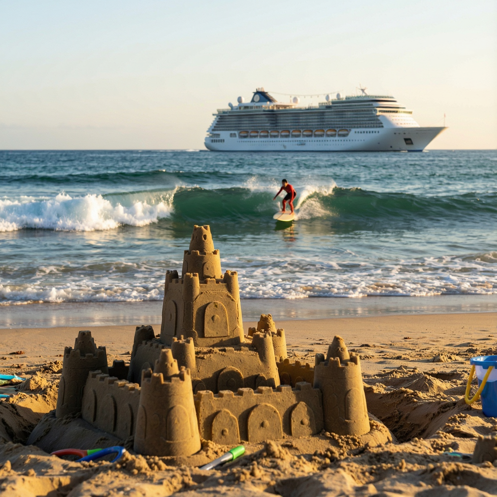 A beach scene with a sandcastle in the foreground, a surfer 