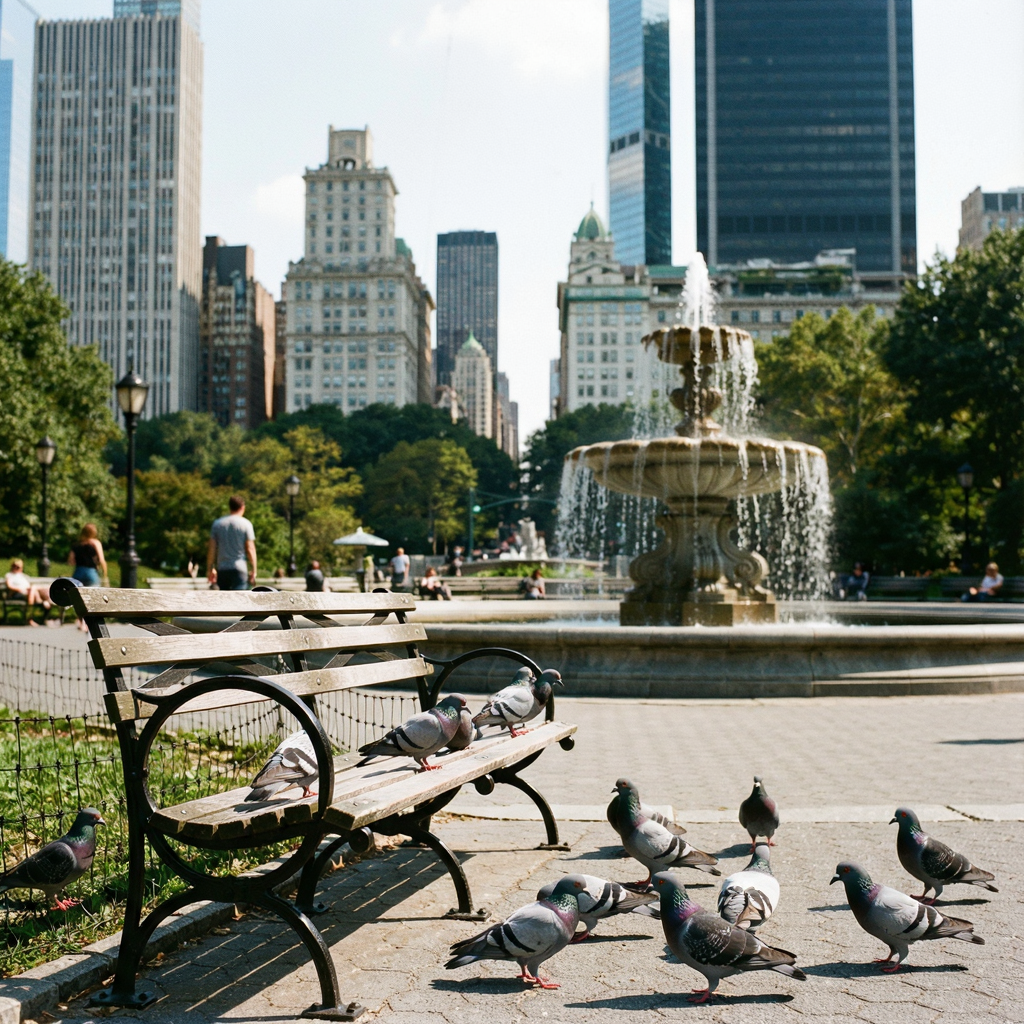 A city park with a park bench and pigeons in the foreground,