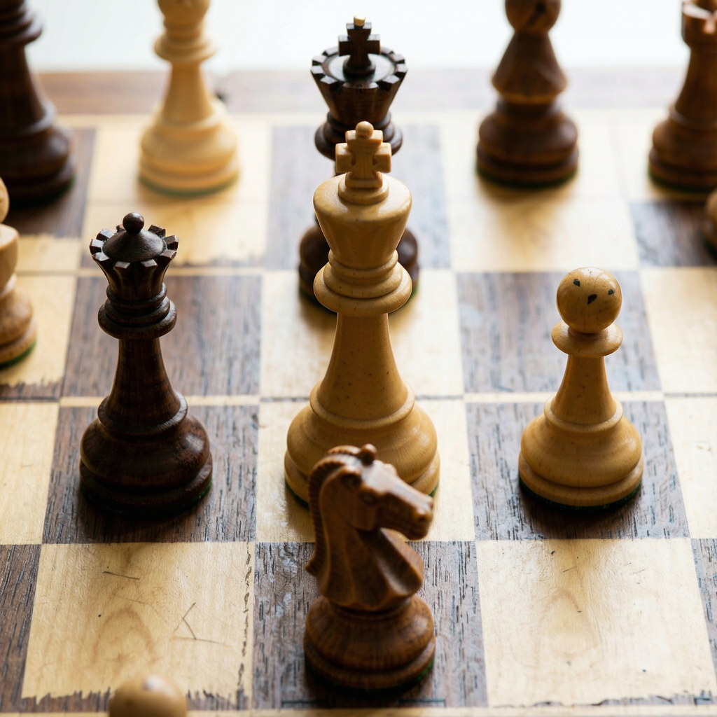 Five chess pieces on a board: a king in the center, a queen 