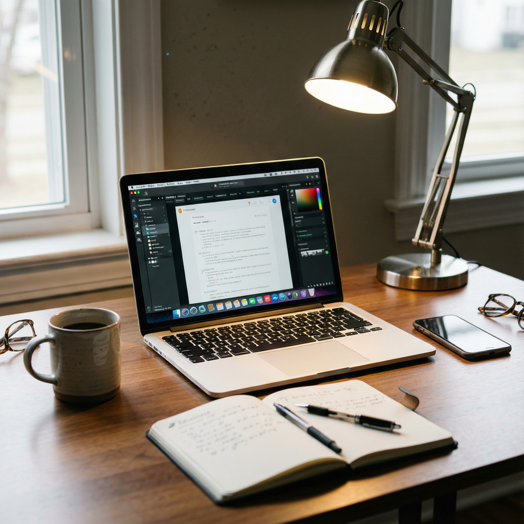 A desk scene: laptop in the center, coffee mug to the left, 