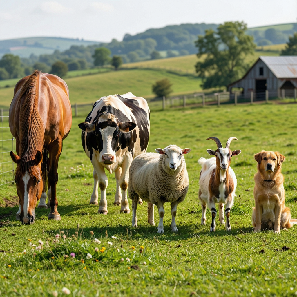 Five animals in a field: a horse on the far left, a cow to t