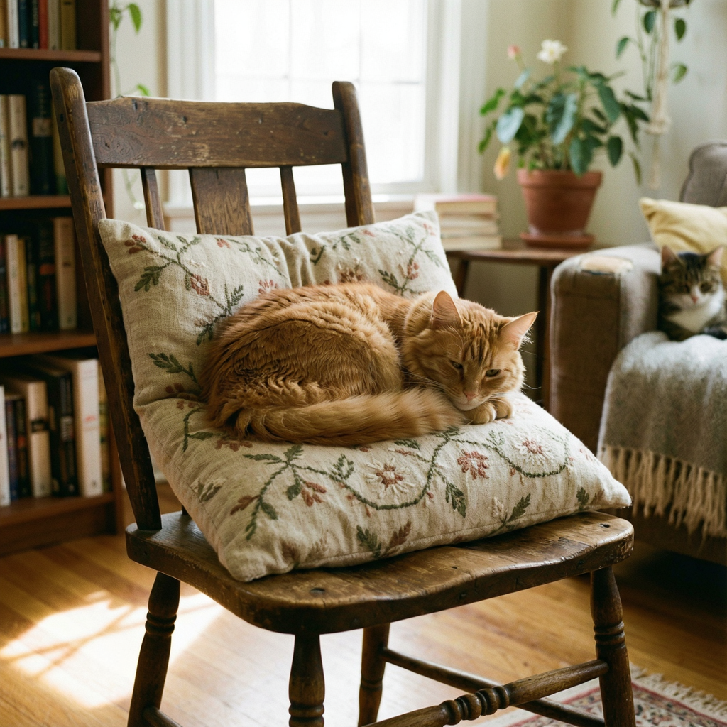 A cat sitting on a pillow, the pillow placed on a wooden cha