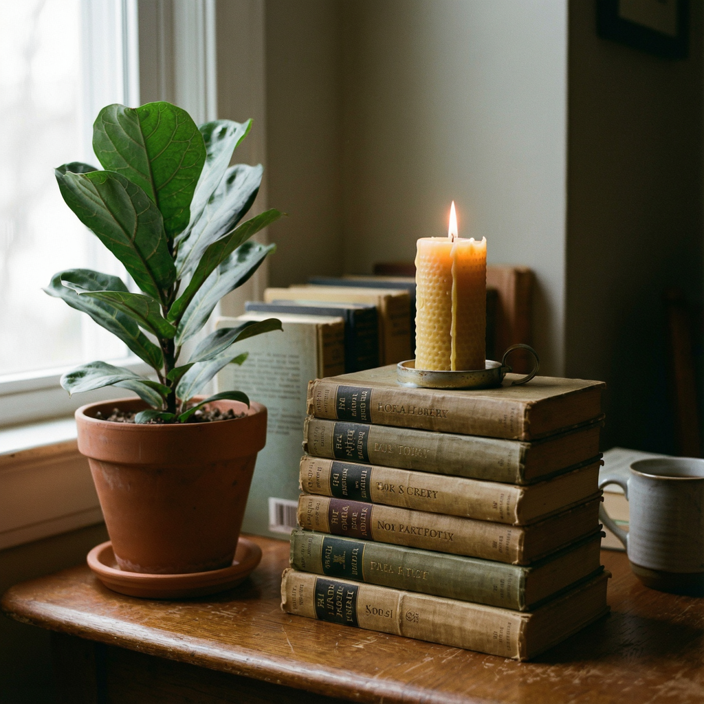 A candle on top of a stack of books, the books next to a pot