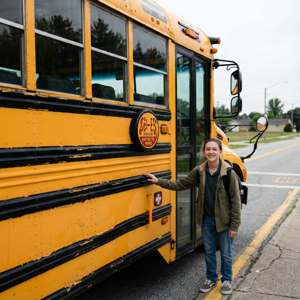 A person standing next to a yellow school bus, showing reali
