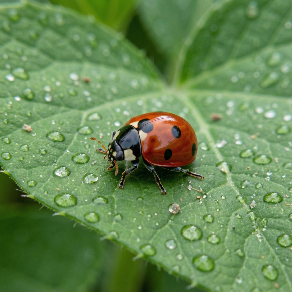 A ladybug sitting on a large green leaf, shown at realistic 