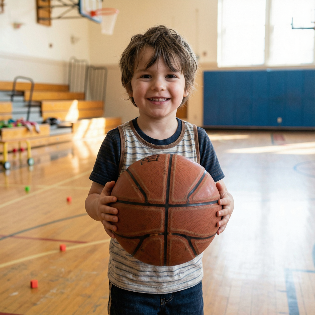 A child holding a basketball, both at correct relative sizes