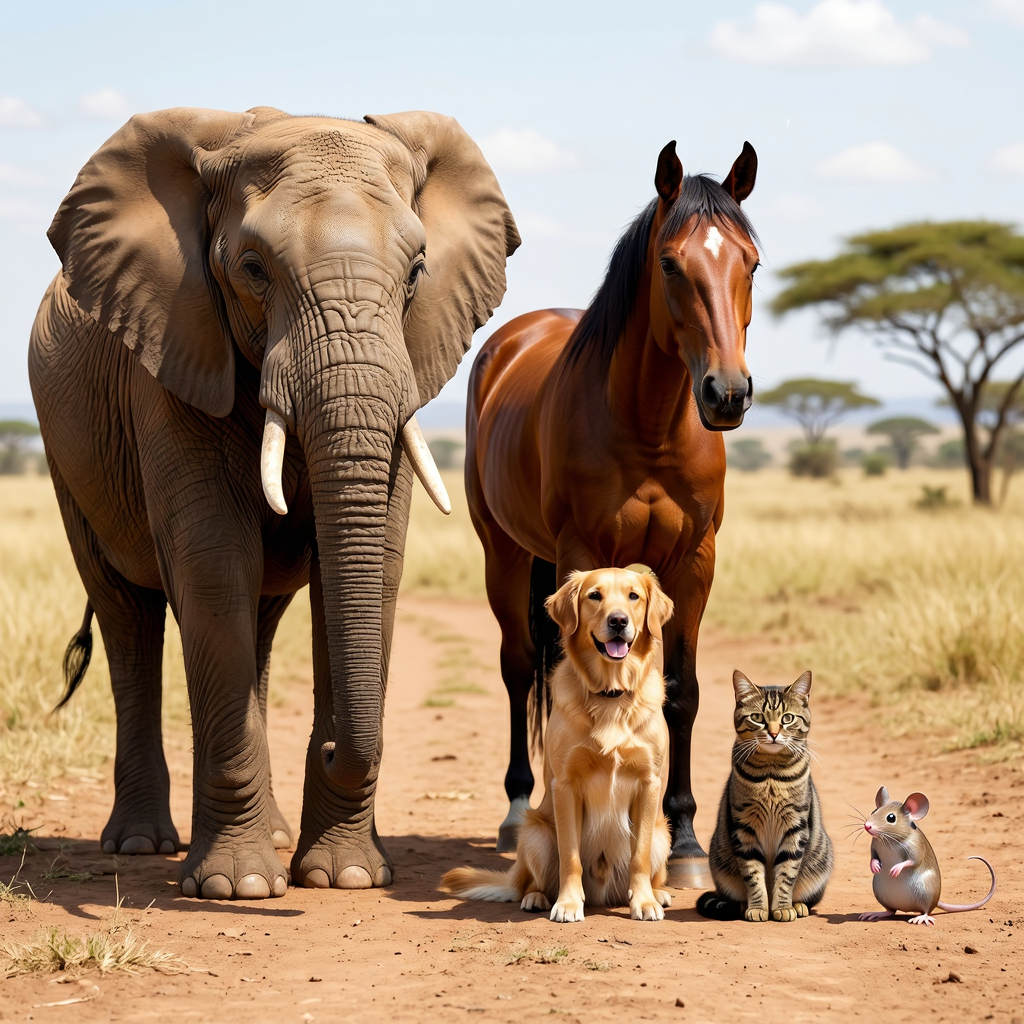 A group photo of an elephant, a horse, a dog, a cat, and a m