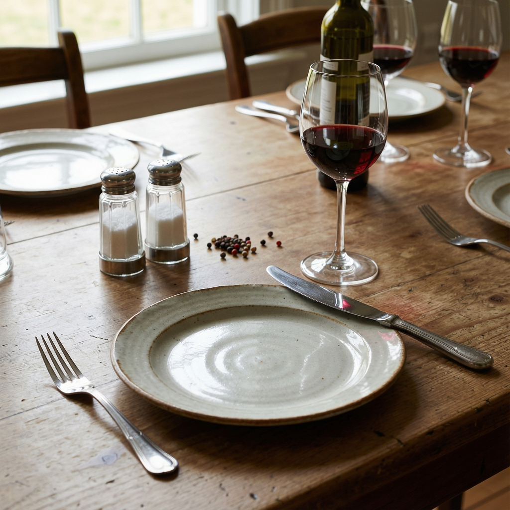 A dinner table scene with a plate, fork, knife, wine glass, 