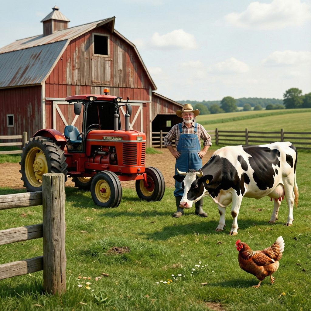 A farm scene with a barn, tractor, farmer, cow, chicken, and