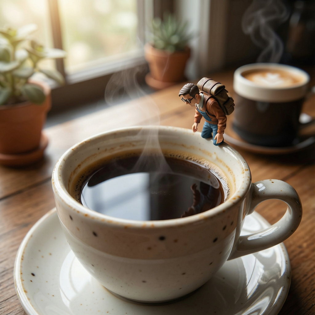 A tiny person standing on the rim of a coffee cup, looking d
