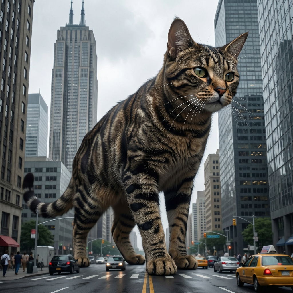 A giant tabby cat walking between city skyscrapers like a ka