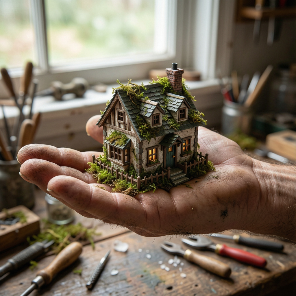 A miniature house sitting on the palm of someone's hand