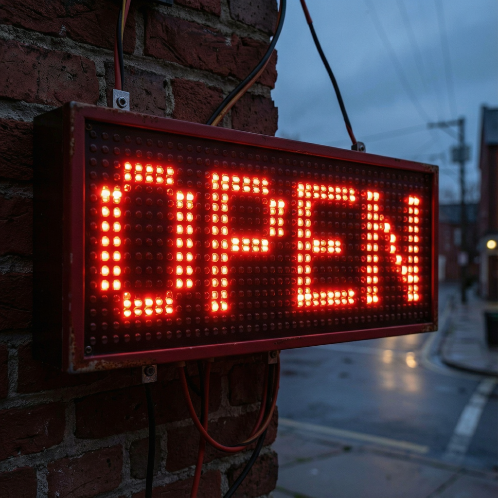 The word 'OPEN' displayed on a red LED sign with glowing pix